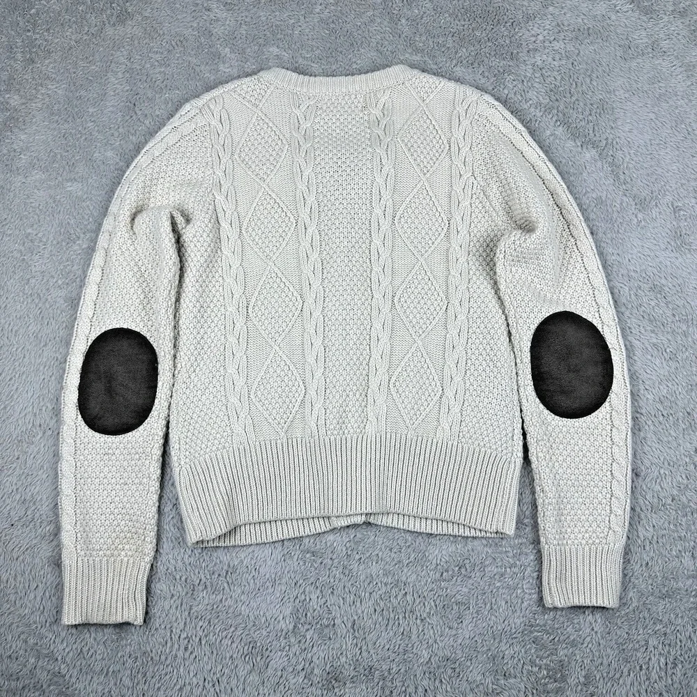 Fenn Wright Manson Cable Knit Cardigan Women's M‎ Ivory Wool Blend Elbow Patches